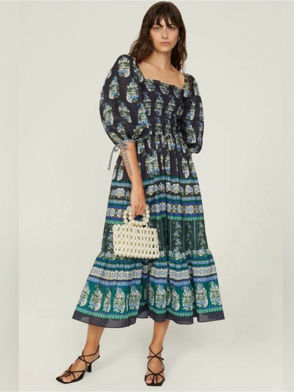 Cara Cara Jazzy Midi Dress Floral Puff Sleeve Blue & Green